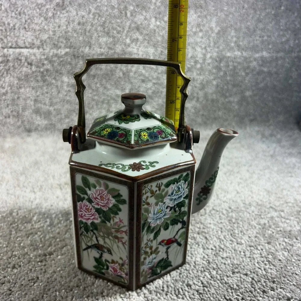 Andrea by Sadek Teapot White Floral Bird Hexagonal Brass Handle Japan Vintage